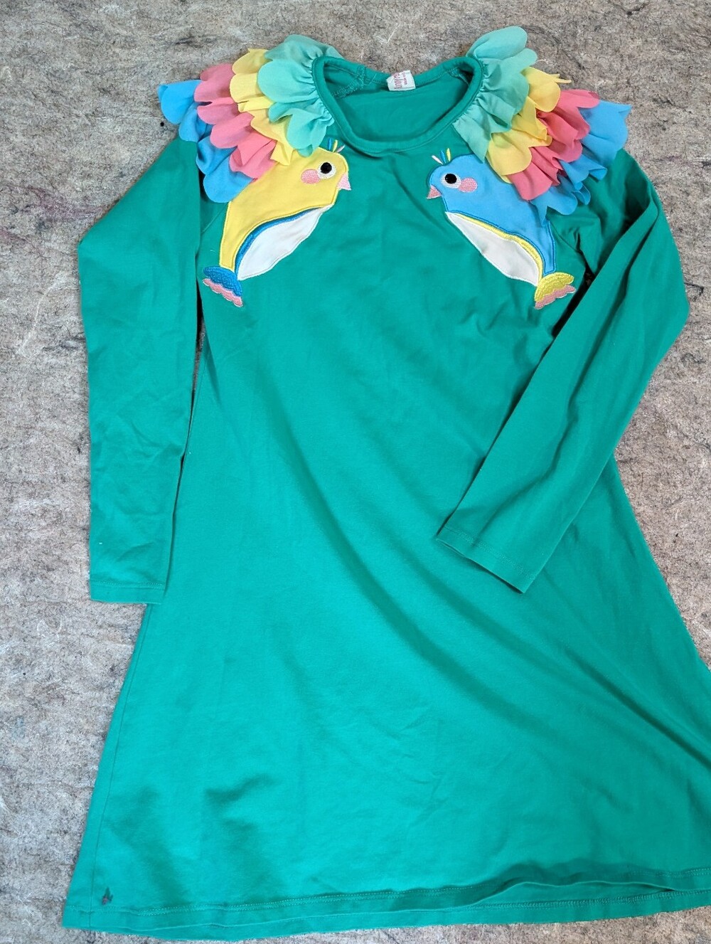 Girls Sunny Fashion Green Long Sleeve Cotton Ruffle. Dress w Parrot Appliqués 8